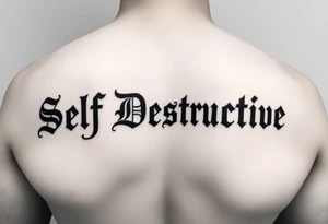 The words Self Destructive in a Chicano/old english lettering across the chest tattoo idea