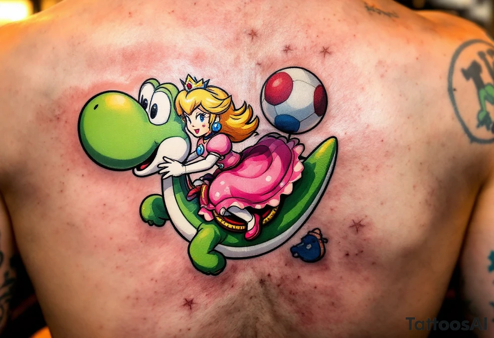 Princess Peach riding Yoshi from Mario Bros with vibrant colors. Make it more like the super Mario bros movie. Her dress should be poofier and covering her legs while he has red saddle with white trim tattoo idea