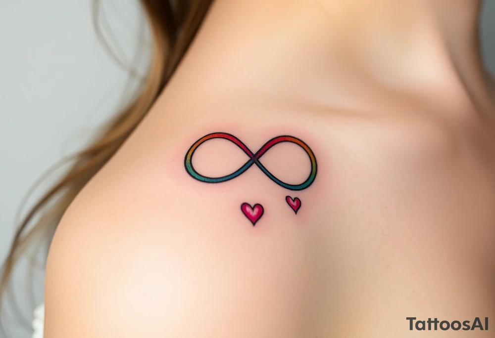 infinity symbol in rainbow colors and hearts at its ending tattoo idea