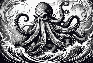 Kraken octopus tentacles grabbing Poseidon thrusting trident into monster deep ocean stormy tattoo idea