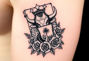 A king  card with a highland cow, a small four leaf clover, a small spanner the card surrounded by roses tattoo idea