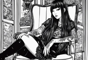 Portrait of tomie sitting on a chair. Tomie is a character of the autor junji ito
 Add some blood tattoo idea