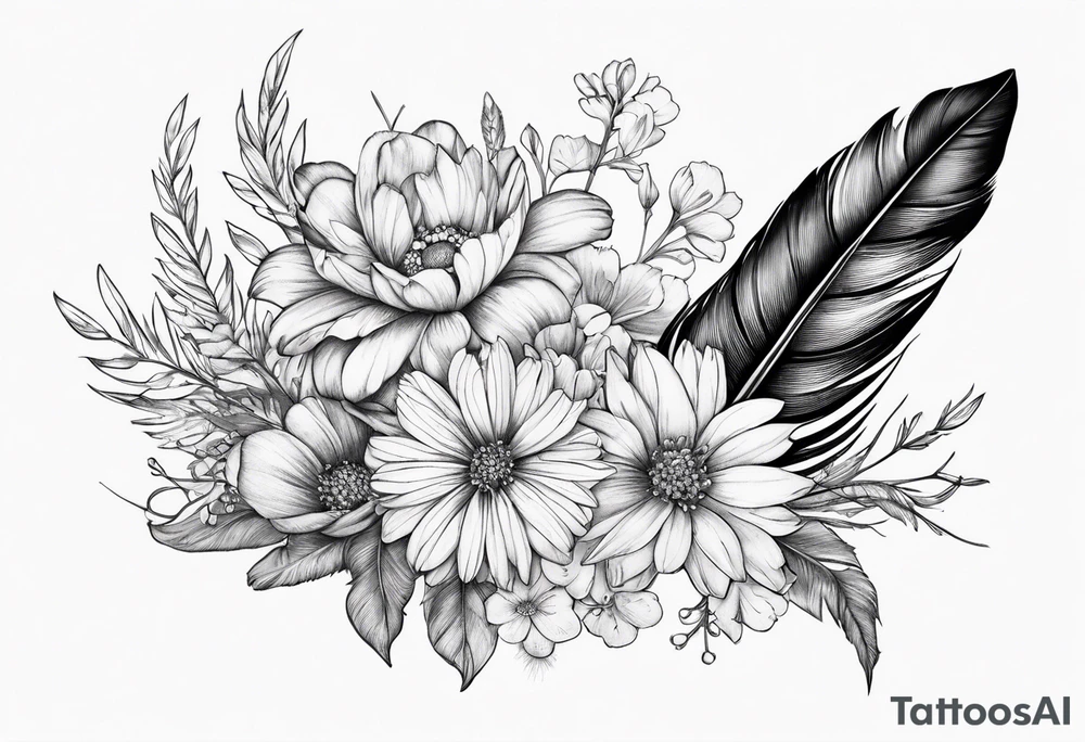 Feather with may and February birth flowers tattoo idea