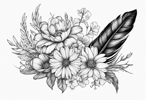 Feather with may and February birth flowers tattoo idea