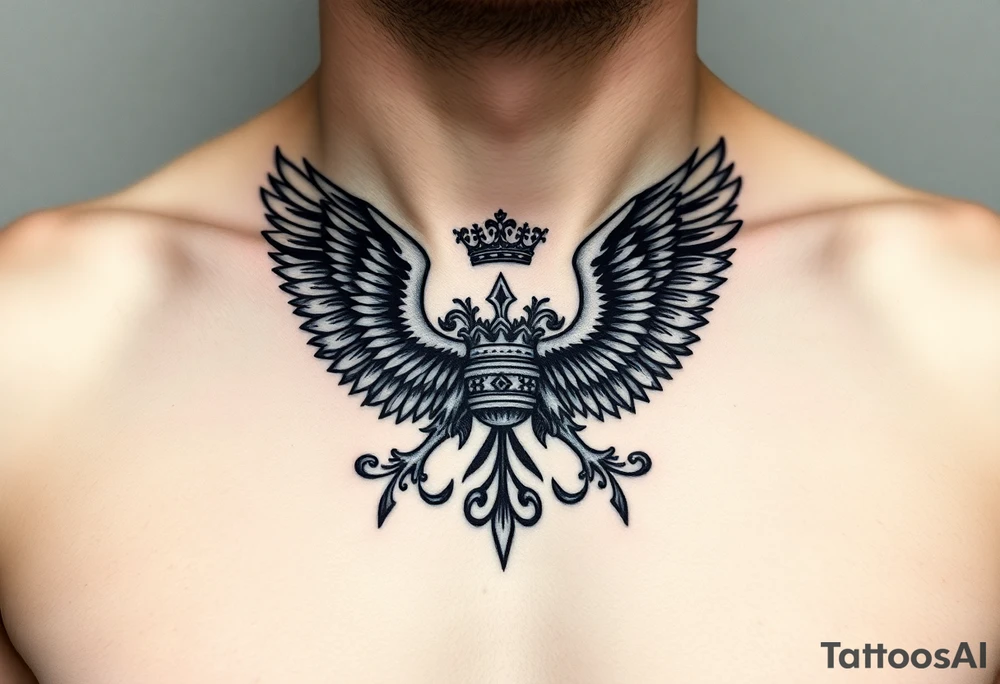Chest tattoo,powerful two symetrical majestic eagles, surrounded by lure ornaments , between eagles a crown tattoo idea