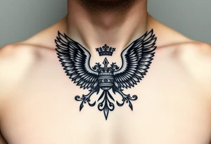 Chest tattoo,powerful two symetrical majestic eagles, surrounded by lure ornaments , between eagles a crown tattoo idea