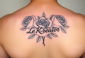 Rose tattoo and in the middle of roses say “Le KréAtor” in script tattoo idea