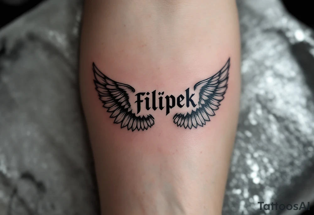 The name Filípek cradled by a pair of gentle gray angel wings. tattoo idea