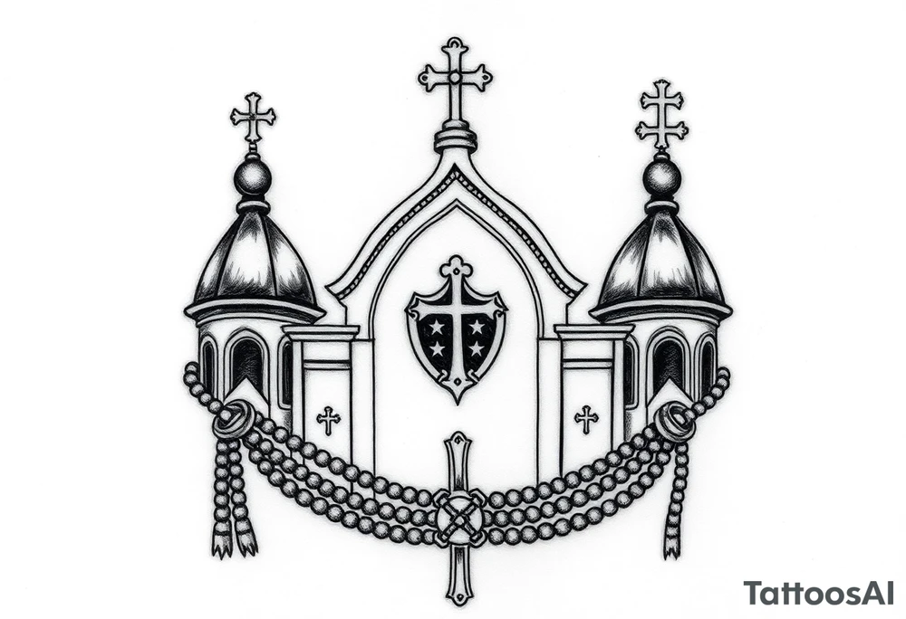 russian orthodox church with the crosses above being christian orthodox but in a AK47 style with a beaded orthodox thurible chain tattoo idea