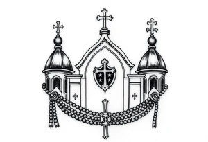 russian orthodox church with the crosses above being christian orthodox but in a AK47 style with a beaded orthodox thurible chain tattoo idea