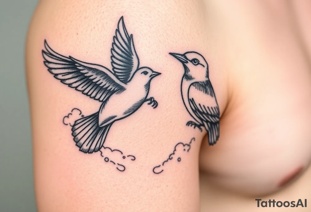 Dove and a blue jay, clouds, shining light to or from heaven tattoo idea