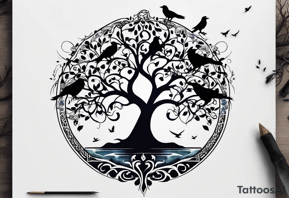 Tree of life with water, ravens, tattoo idea