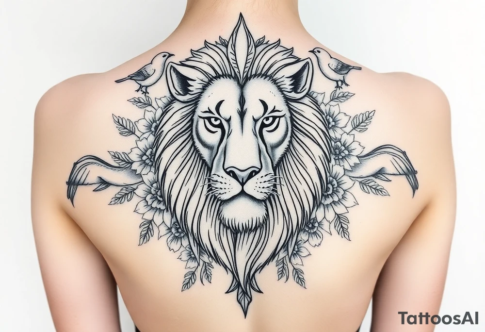 powerful majestic lion with a crown, surrounded by floral ornaments and birds tattoo idea