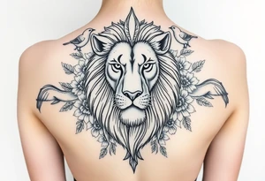 powerful majestic lion with a crown, surrounded by floral ornaments and birds tattoo idea