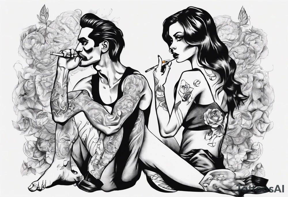 A depiction of a man and a woman. The man stands smoking a cigarette, the woman sits with her legs wide apart tattoo idea