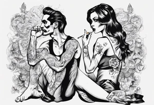 A depiction of a man and a woman. The man stands smoking a cigarette, the woman sits with her legs wide apart tattoo idea