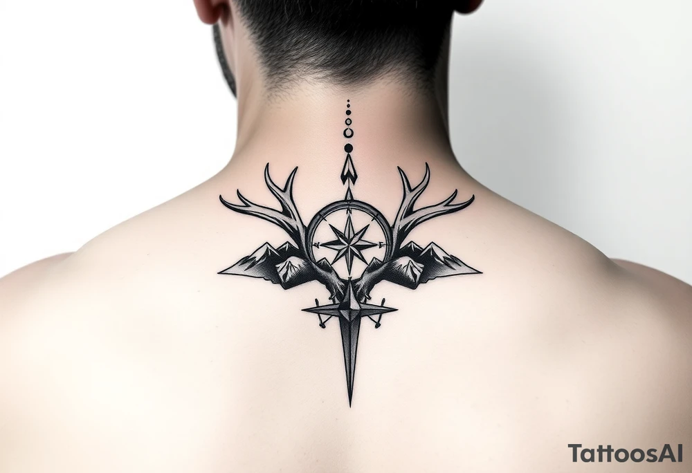 Long one line Spine tattoo 1 in wide by entire back long that goes vertically down your spine of elk and deer antlers intertwined , a compass, and mountains tattoo idea