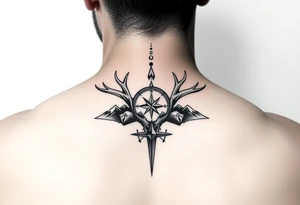 Long one line Spine tattoo 1 in wide by entire back long that goes vertically down your spine of elk and deer antlers intertwined , a compass, and mountains tattoo idea