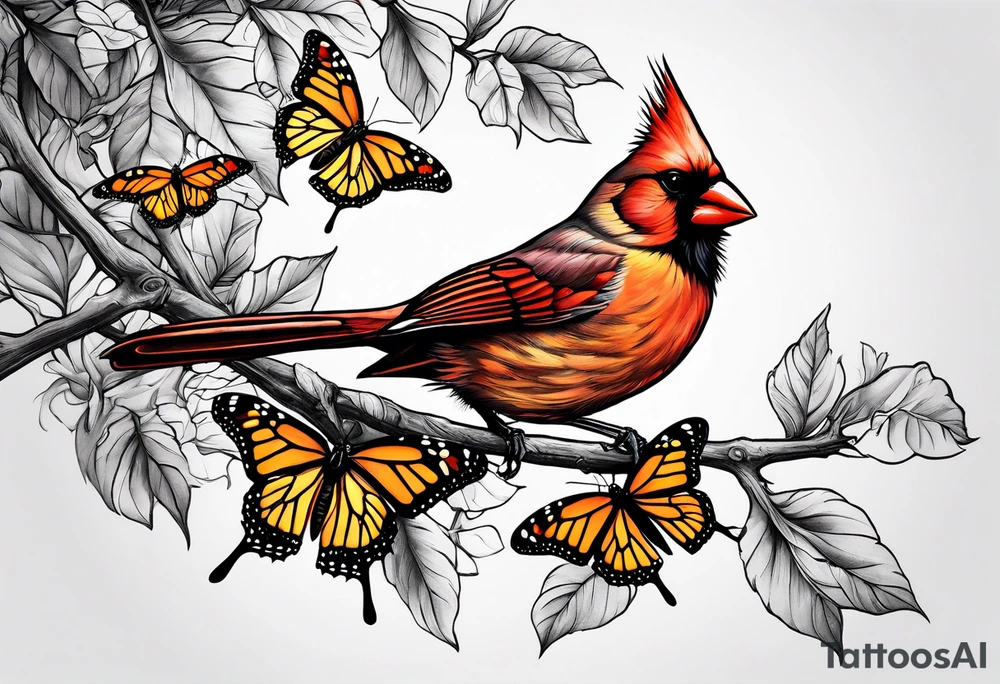Female cardinal on a branch with monarch butterfly flying tattoo idea