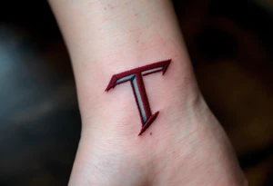 A stitched "T" in burgundy red, designed like embroidery on skin. tattoo idea