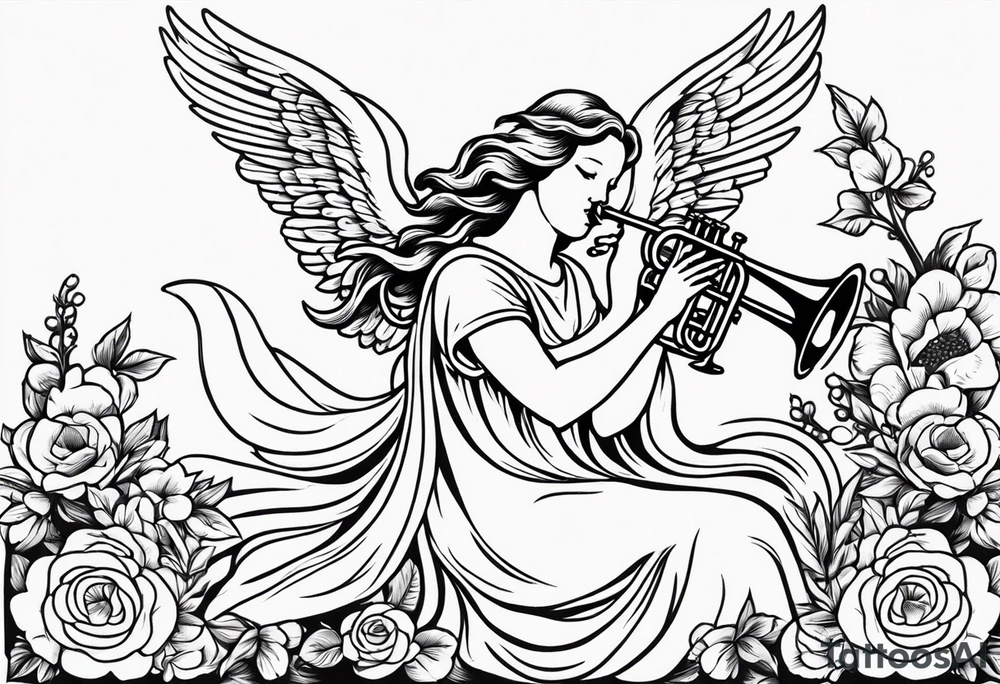angel with trumpet
old school vintage simple traditional design with vintage flowers surrounding it bold color tattoo idea