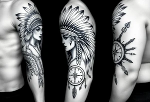 Native American girl with headdress in the sun a compass and a clock and arrowhead tattoo idea