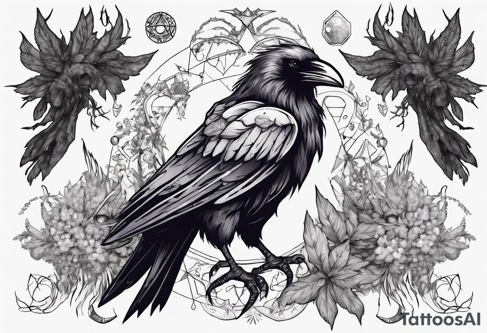 Demon crowned raven surrounded by poisonous plants, crystals and astrology. tattoo idea