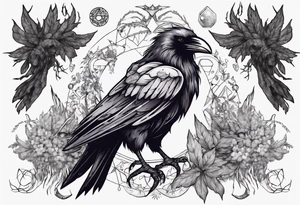 Demon crowned raven surrounded by poisonous plants, crystals and astrology. tattoo idea