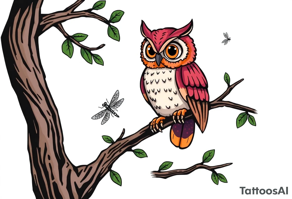 Owl perched on a tree branch, dragonfly in the background tattoo idea