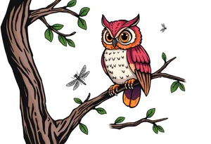 Owl perched on a tree branch, dragonfly in the background tattoo idea