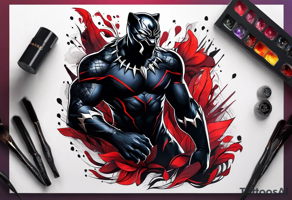 unique black panther tattoo, dynamic pose, showcasing its strength and grace, striking red eyes, intense and captivating elements, artistic flair, blending realism with abstract elements tattoo idea