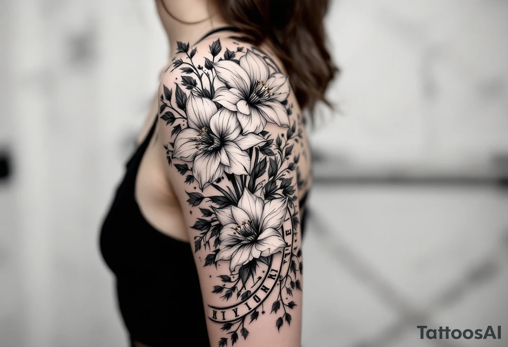 narcissus flowers and holly with 2 bands with roman numerals around them tattoo idea