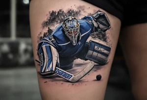 Goalie Diving Save Scene – Realistic scene of a masked goalie in blue pads, diving to block a puck, framed by a blurred crowd and net behind. tattoo idea