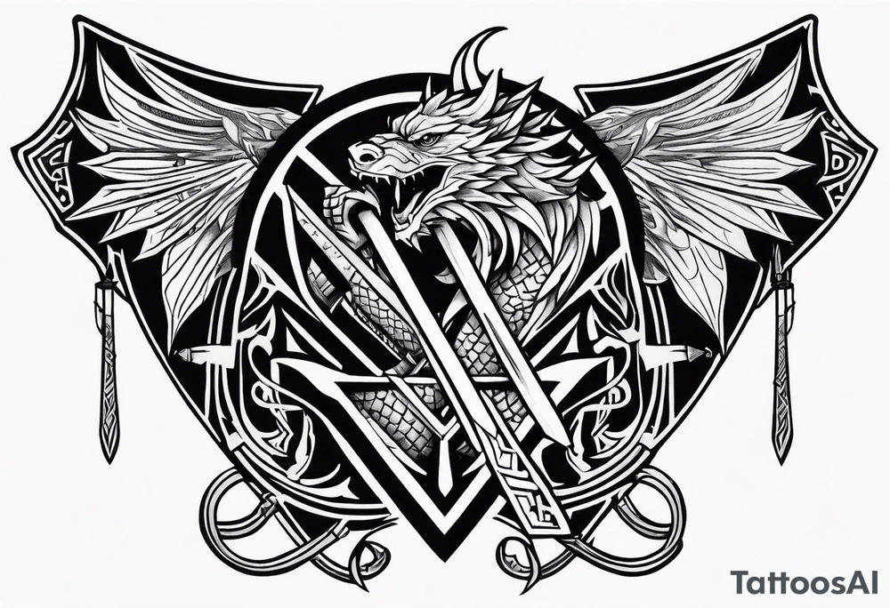 Valhalla sword shield dragon axe Valknut tattoo idea