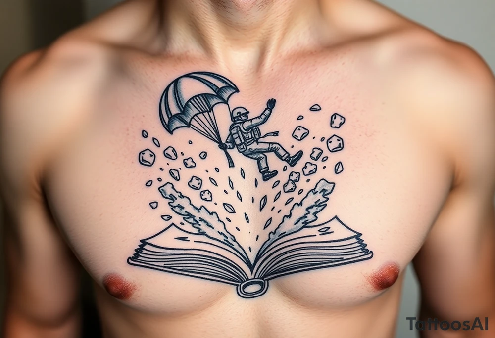 A parachuting soldier landing into an open book. Chaos surrounding, but a sense of security inside the book. On the chest. not cartoon tattoo idea