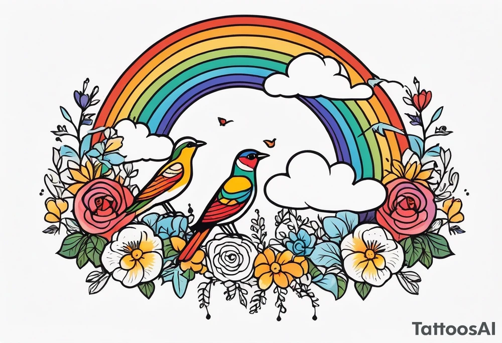 rainbow in clouds
with birds and vintage flowers
old school vintage simple traditional design 



bold color simple tattoo idea