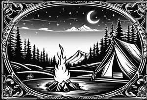 cross, campfire, golf , whiskey glass, cabin tattoo idea
