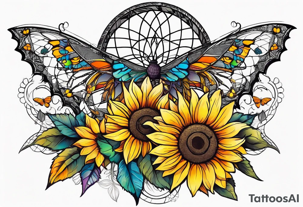 Dream catcher with sunflower in back ground with butterflies tattoo idea