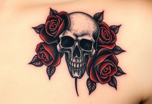 A gothic skull entwined with dark roses, with red highlights and silver thorns, symbolizing eternal love through life's battles tattoo idea