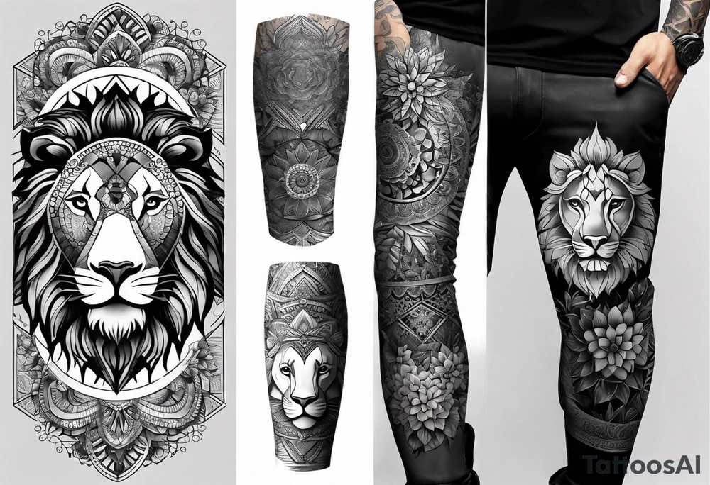 leg full sleeve for men, includes mandalas, flowers, geometric figures and a lion in the calf tattoo idea