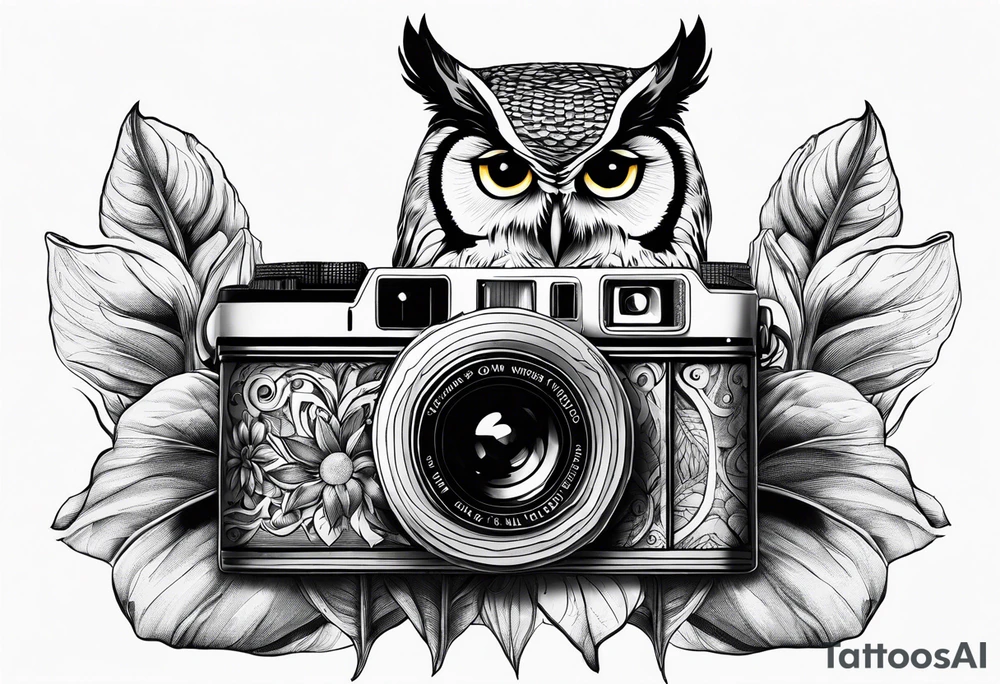 Sunflower, camera, book, owl tattoo idea