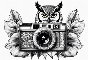 Sunflower, camera, book, owl tattoo idea
