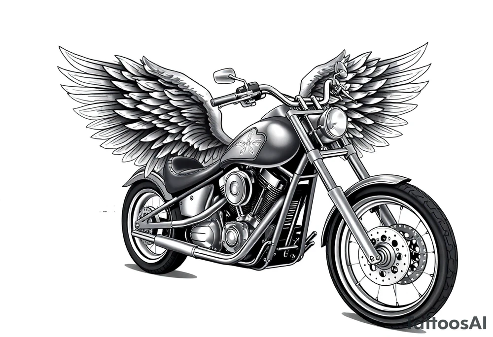 Low rider grey motorcycle, flames, angel wings tattoo idea
