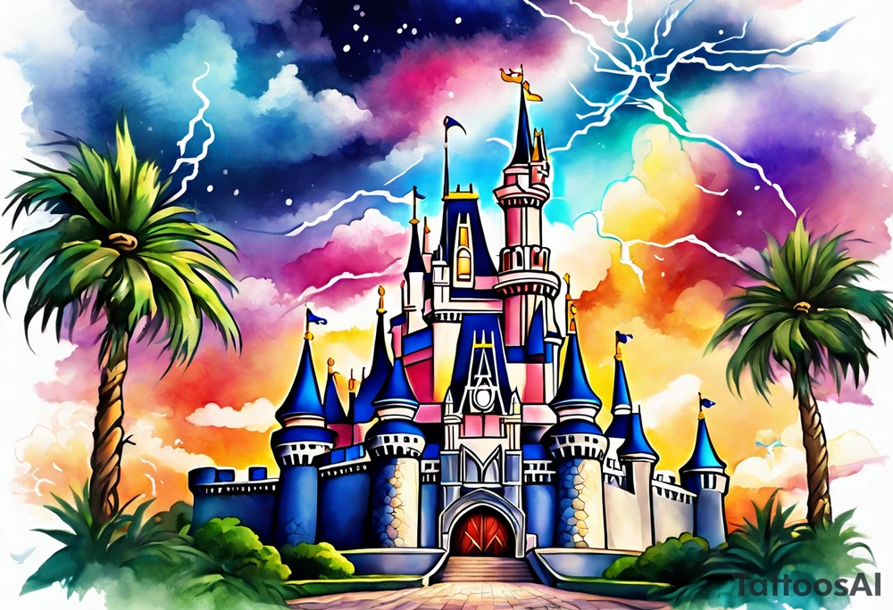 disney castle with a lightning storm palm trees and a mickey mouse and celtic symbol for family tattoo idea