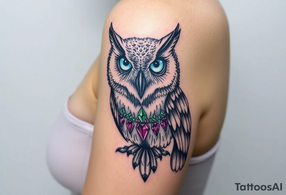 powerful, owl, front facing and piercing eyes, full body, blue or purple eyes, body having jewels tattoo idea