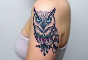 powerful, owl, front facing and piercing eyes, full body, blue or purple eyes, body having jewels tattoo idea