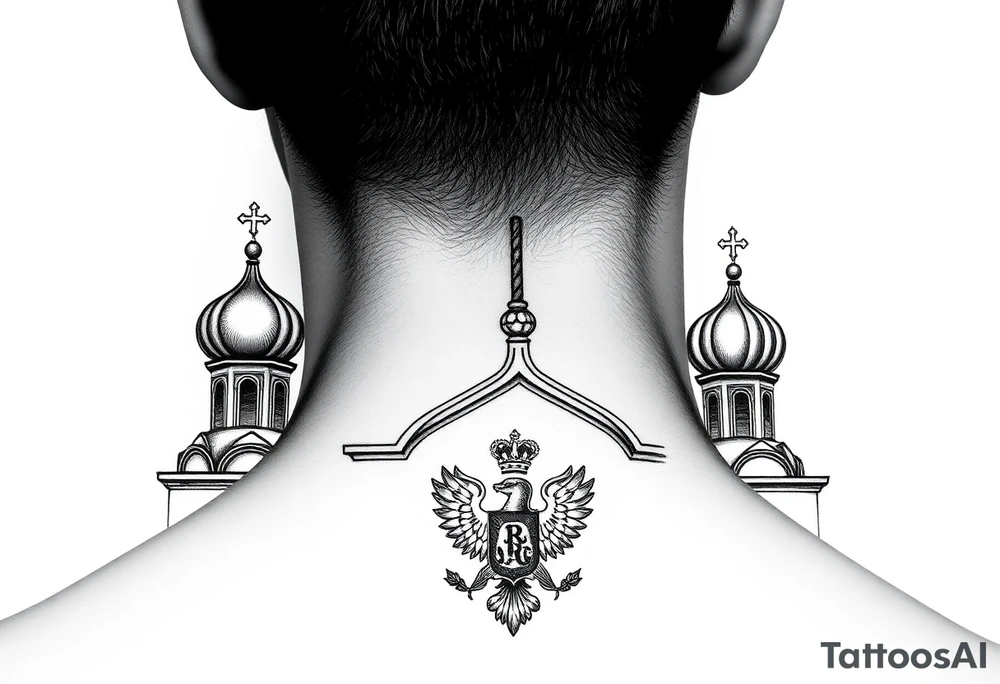 medium sized Russian orthodox church with bulb domes with a prominent russian orthodox coat of arms & virgin mary tattoo idea