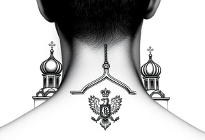 medium sized Russian orthodox church with bulb domes with a prominent russian orthodox coat of arms & virgin mary tattoo idea