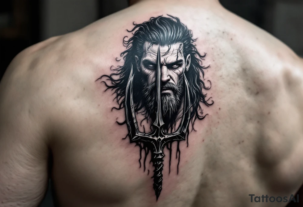 fit poseidon, behind a trident, looking at his nose tattoo idea