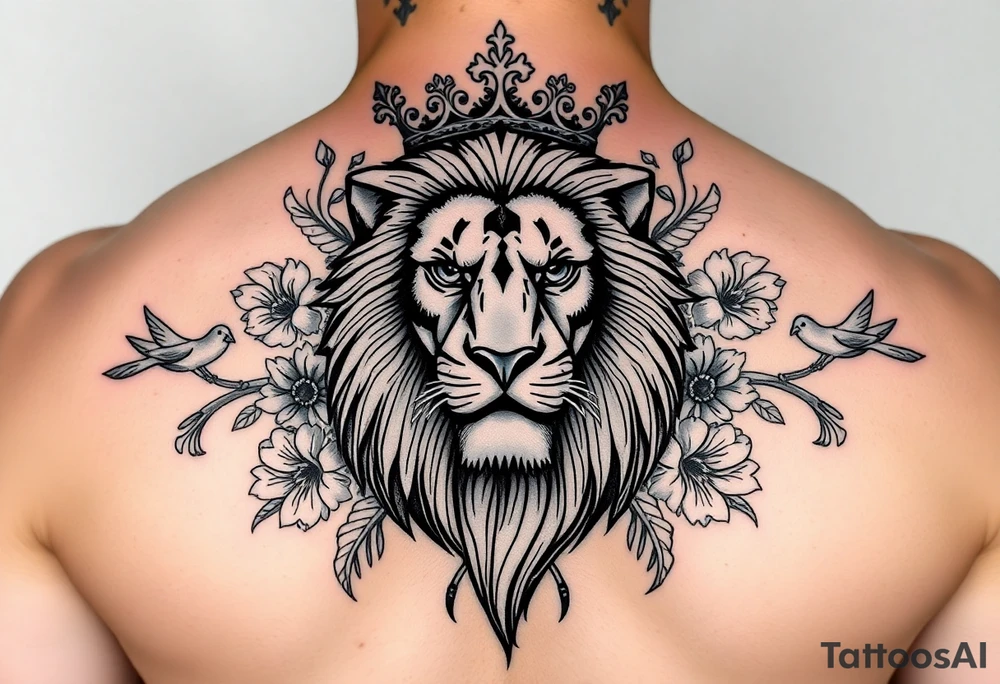 powerful majestic lion with a crown, surrounded by floral ornaments and birds tattoo idea